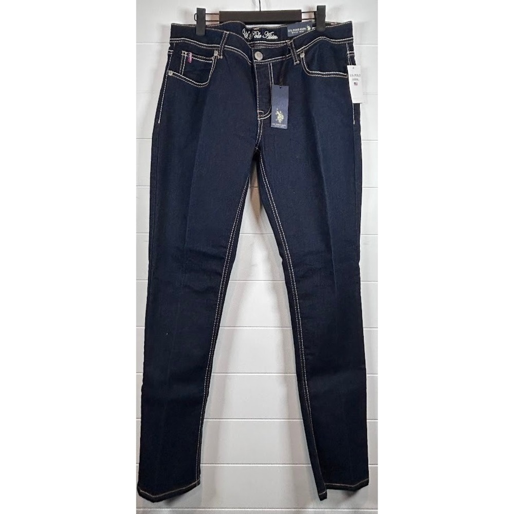 US Polo Assn Womens Kate Dark Wash Denim Jeans White‎ Stitching USA Flag 15/16